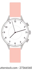 Quartz clock on pink strap. Female hand watch