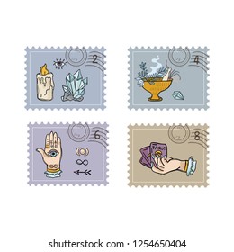 Quartz Crystal Magic Postage Stamps. Hand Drawn Vector Illustration Icon Set. Sacred Symbols Postal Stationery. Tarot, Crystal, Magic Eye, Incense. Meditation Journal, Mail Art, Boho New Age Planner