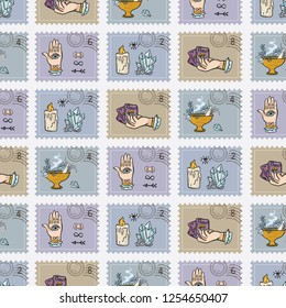 Quartz Crystal Magic Postage Stamps. Hand Drawn Seamless Vector Pattern. Sacred Symbols Postal Stationery. Tarot, Crystals, Incense for Meditation Journal, Mail Art Backgrounds, Boho New Age Planners 