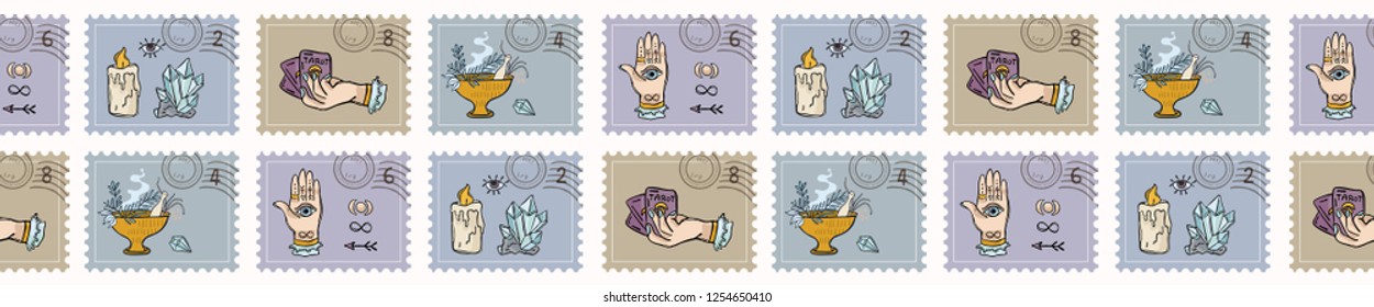 Quartz Crystal Magic Postage Stamps. Hand Drawn Seamless Vector Border. Sacred Symbols Postal Stationery. Tarot, Crystals, Incense for Meditation Journal, Mail Art Banner, Boho New Age Planner Ribbon