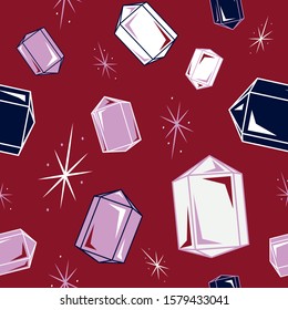 Quartz crystal points in retro style floating with sparkles, rose quartz healing crystal. Sparkling crystal points. Seamless repeating vector background wallpaper.