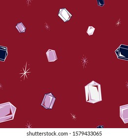 Quartz crystal points in retro style floating with sparkles, sparkling rose quartz and clear crystal seamless repeating vector background pattern. hipster crystal vector repeat surface pattern