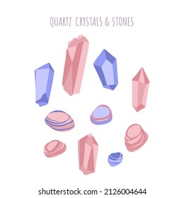 Quartz crystals and stones. Celestial set raw gemstones. Isolated yoga and wellness stones. Boho style decorative hand drawn vector flat illustration.