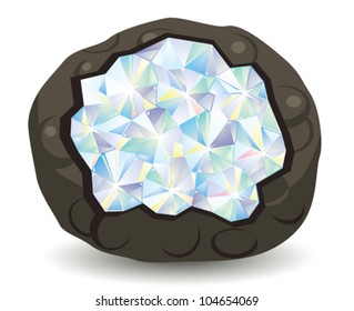 quartz druse  on a white background. round stone with a hole chipped in which quartz crystals are visible
