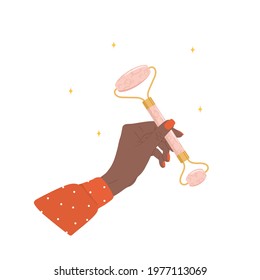 Quartz Facial Roller. African Female Hand Holding Natural Pink Quartz Stone For Gua Sha Massage. Trendy Beauty Treatment. Skin Care Equipment For SPA. Vector Illustration In Flat Cartoon Style.