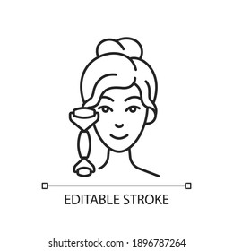 Quartz facial roller linear icon. Reducing inflammation. Promoting wound healing. Thin line customizable illustration. Contour symbol. Vector isolated outline drawing. Editable stroke