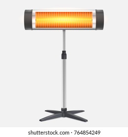 The quartz halogen heater with the glowing lamp. Domestic electric heater standing on chrome metal stand, isolated on white. Appliance for space heating in the interior, 3D illustration.