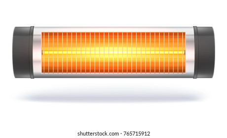 The quartz halogen heater with the glowing lamp, domestic electric heater. Appliance for space heating in the interior. 3D illustration, isolated on white background