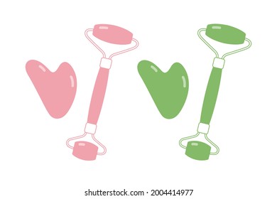 Quartz- und Jadekopfwalze und Gitarrenschrott. Vektorgrafiken von Natursteinwerkzeugen für das Gesichtsheben, Anti-Aging-Massage. Isolierte Symbole der Kristallwalze, Guasha-Massager. Hautpflege