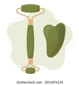 Quartz- und Jadekopfwalze und Gitarrenschrott. Hautpflegekonzept Vektorgrafik einzelne Illustration der Kristallwalze, Guasha-Massager