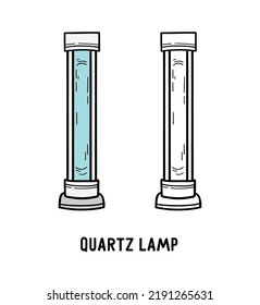 Quarzlampe mit ultravioletter blauer Strahlung, Quecksilberröhrensymbole, Vektorgrafik in Doodle-Skizze handgezeichnet