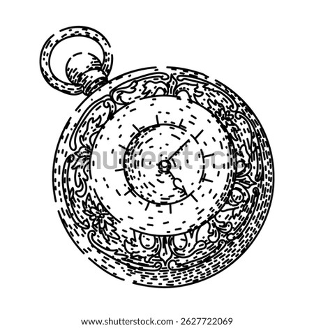 quartz pocket watch hand drawn. fob chain, movement case, crown winding quartz pocket watch vector sketch. isolated black illustration