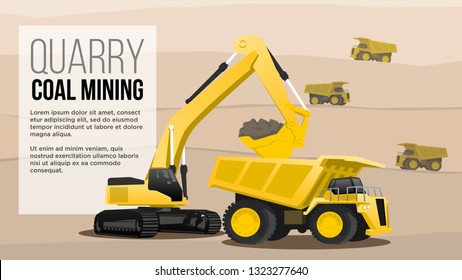 quary coal mininig  concept  haul heavy duty  truck loading from excavator  coal mining industry flat style illustration best for web and presentation