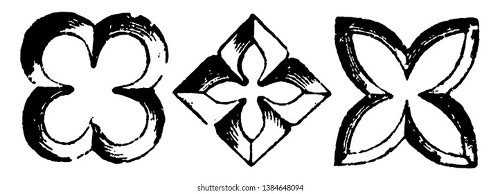 Quatrefoil Architecture is an opening or a panel dividing by cusps or foliations, consisting of a symmetrical shape, vintage line drawing or engraving illustration.