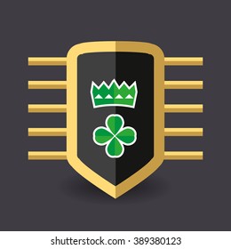 Quatrefoil clover for good luck, vector illustration for St. Patrick's day. Magic shield on it spring green crown and a quatrefoil clover for good luck. And maybe find a four-leafed clover