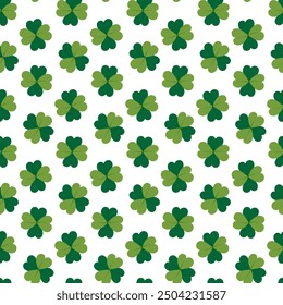 Quatrefoil clover leaves Seamless pattern Isolated on white. Good luck symbol in monochrome green