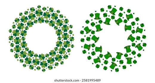 Quatrefoil, decorative hearts and Leprechaun hat Circular Frames. St Patrick Day Copy space Template