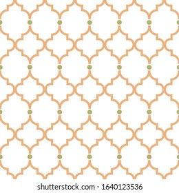 Quatrefoil gold lines seamless pattern. Oriental net tiles design classic decorative ornament. Moroccan style background texture.