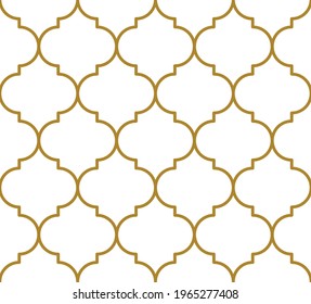 Quatrefoil Moroccan style  repeating pattern in gold color outline on a white background, geometric vector illustration