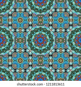 Quatrefoil raster pattern. Tangled modern seamless pattern based on traditional patterns. Portuguese tiles in gray, blue and green colors.