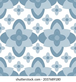 Quatrefoil stylized floral seamless vector pattern background. Azulejo style backdrop with historical foil motifs. Delft blue duotone decorative oriental moorish design. Arabesque repeat for wellness