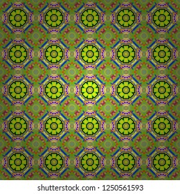 Quatrefoil vector pattern. Portuguese tiles in green, blue and yellow colors. Tangled modern seamless pattern based on traditional patterns.