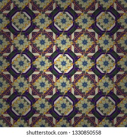 Quatrefoil vector pattern. Portuguese tiles in violet, beige and gray colors. Tangled modern seamless pattern based on traditional patterns.