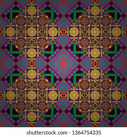 Quatrefoil vector pattern. Portuguese tiles in yellow, green and purple colors. Tangled modern seamless pattern based on traditional patterns.
