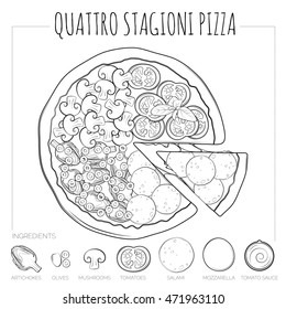 Quattro Stagioni pizza top view with ingredients. Hand drawn illustration
