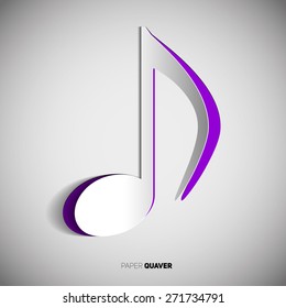 Quaver Note symbol in papercut style on white background. vector illustration