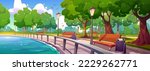 Quay in city park landscape perspective view with fenced river bay, wooden benches, green trees, litter bins and street lamps at summer time. Embankment walkway background, Cartoon vector illustration