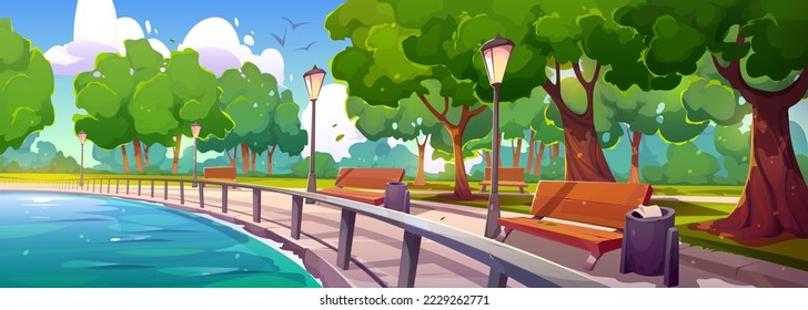 Quay in city park landscape perspective view with fenced river bay, wooden benches, green trees, litter bins and street lamps at summer time. Embankment walkway background, Cartoon vector illustration