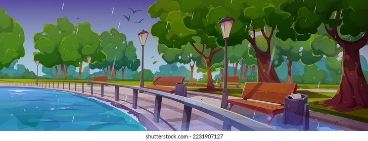 Quay in city park at rain landscape with river bay, wooden benches, green trees, litter bins and street lamps in wet rainy summer weather. Embankment walkway background, Cartoon vector illustration