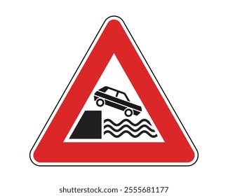 Quay Exit Warning Sign Featuring Red Triangle and Black Car Driving Off Quay Icon, Indicating a Quay or Body of Water Ahead, Available as a Vector File