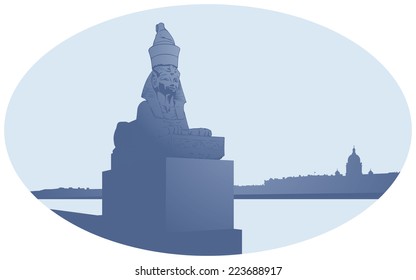 Quay with Sphinxes in Saint Petersburg, Neva River Embankment, Saint Isaac's Cathedral, Russian Landmark, Ancient Egypt sculpture from Thebes with pharaoh Amenhotep III face that was brought to Russia