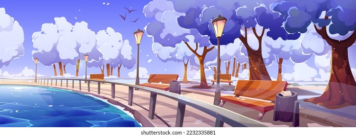 Quay in winter city park landscape perspective view with frozen river bay, wooden benches, snowy trees and street lamps. Embankment walkway background at cold season time, Cartoon vector illustration