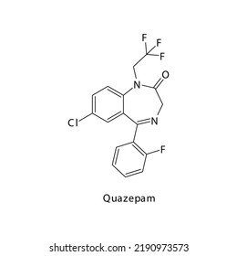 Quazepam molecule flat skeletal structure, Benzodiazepine class drug used as Sedative, hypnotic agent. Vector illustration on white background.