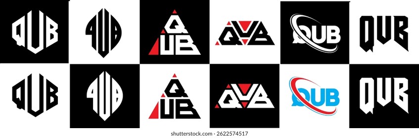 QUB letter logo design in six style. QUB polygon, circle, triangle, hexagon, flat and simple style with black and white color variation letter logo set in one artboard. QUB minimalist and classic logo