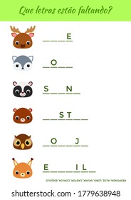 Que letras estão faltando? - What letters are missing? Complete the words. Matching educational game for children with cute animals. Educational activity page for study Portuguese. Vector illustration