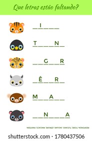 Que letras estão faltando? - What letters are missing? Complete the words. Matching educational game for children with cute animals. Educational activity page for study Portuguese. Vector illustration