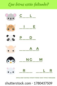 Que letras estão faltando? - What letters are missing? Complete the words. Matching educational game for children with cute animals. Educational activity page for study Portuguese. Vector illustration