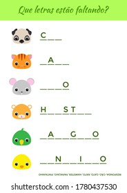 Que letras estão faltando? - What letters are missing? Complete the words. Matching educational game for children with cute animals. Educational activity page for study Portuguese. Vector illustration