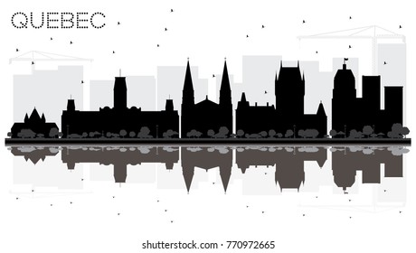 Quebec Canada City skyline black and white silhouette with Reflections. Vector illustration. Business travel concept. Quebec Cityscape with landmarks.