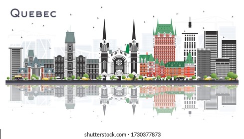 Quebec Canada City Skyline with Gray Buildings and Reflections Isolated on White. Vector Illustration. Business Travel and Tourism Concept with Historic Architecture. Quebec Cityscape with Landmarks.