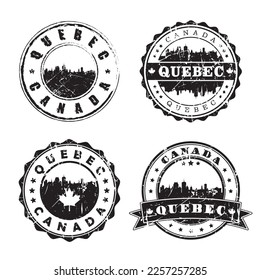 Postmark de la marca Quebec Canada Stamp Skyline. Pasaporte postal de Silhouette. Conjunto de iconos del vector de redondeo de la ciudad. Postage de cosecha de vintage 

Diseño.