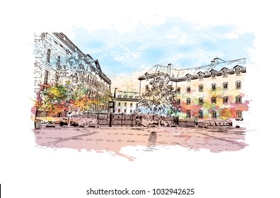 Quebec, Canadian Province in eastern Canada. Watercolor splash with Hand drawn sketch illustration in vector.