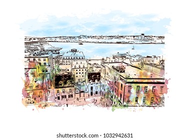 Quebec, Canadian Province in eastern Canada. Watercolor splash with Hand drawn sketch illustration in vector.