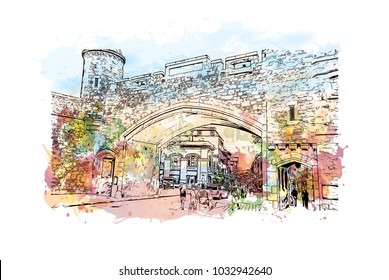 Quebec, Canadian Province in eastern Canada. Watercolor splash with Hand drawn sketch illustration in vector.
