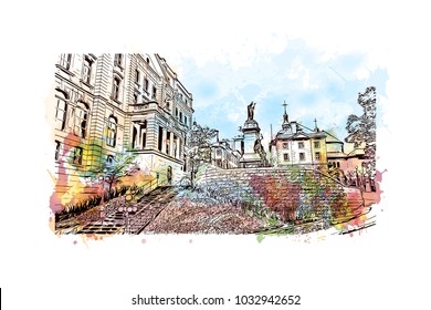 Quebec, Canadian Province in eastern Canada. Watercolor splash with Hand drawn sketch illustration in vector.