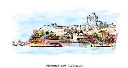 Quebec, Canadian Province in eastern Canada. Watercolor splash with Hand drawn sketch illustration in vector.